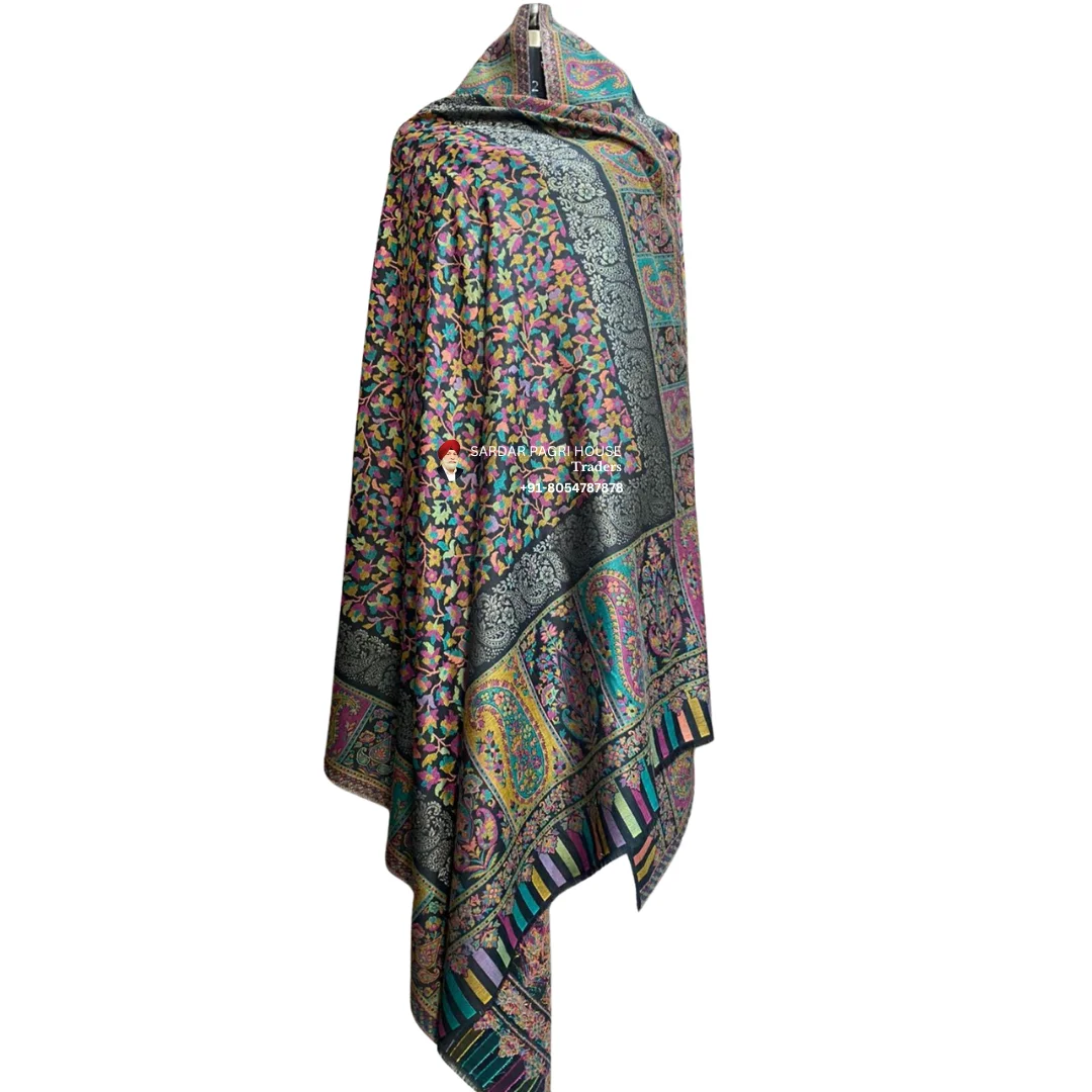 Black Unisex Antique Modal Seven Shuttle Kani Shawl with Sari Thread Work