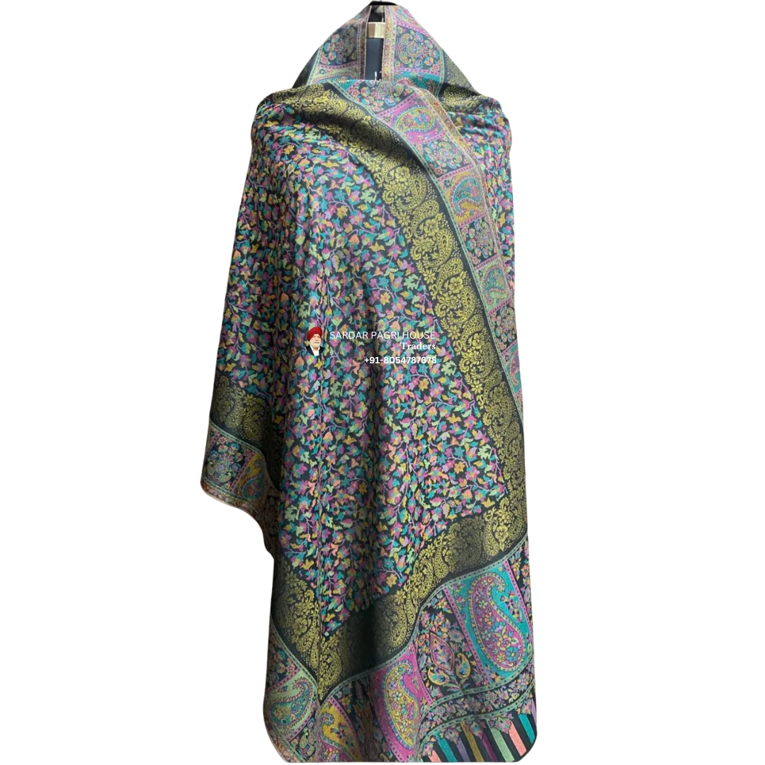 Black Unisex Antique Modal Seven Shuttle Kani Stole with Sari Thread Work