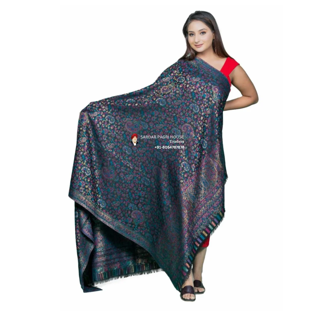 Black Unisex Pashmina Wool Kani Shawls with Zari Work