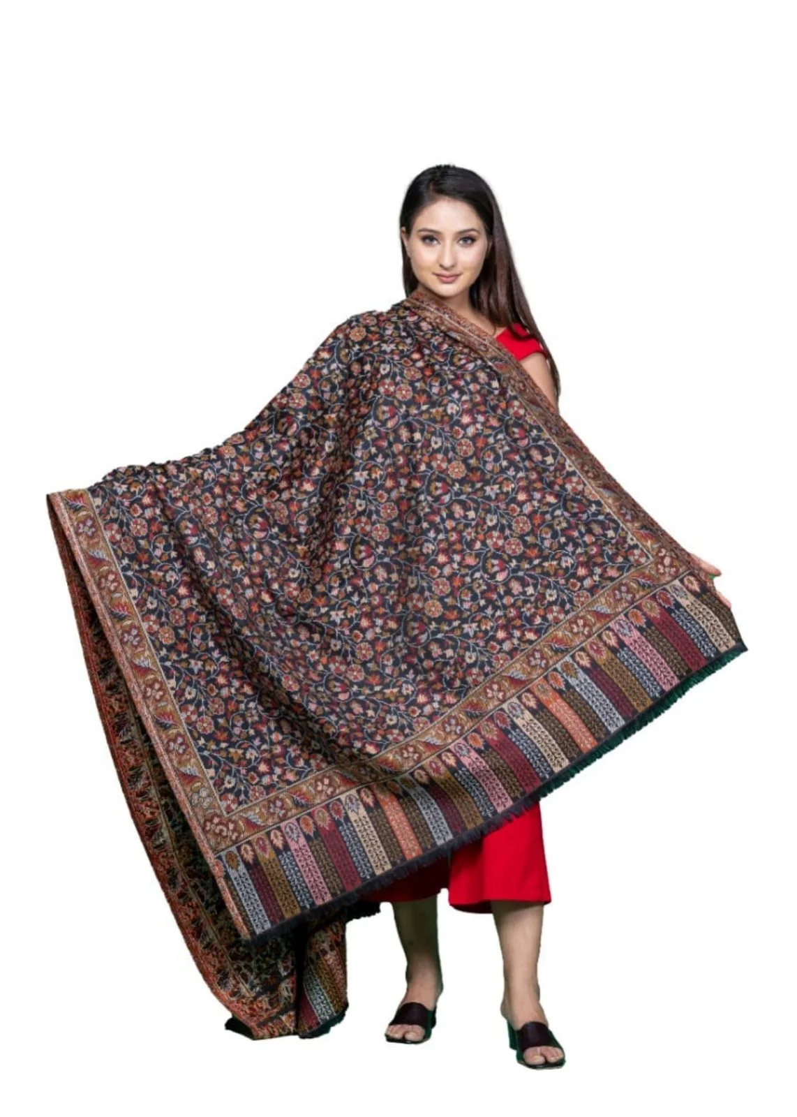 Black Wool Pashmina Shawl with Single Kani Work for Men & Women