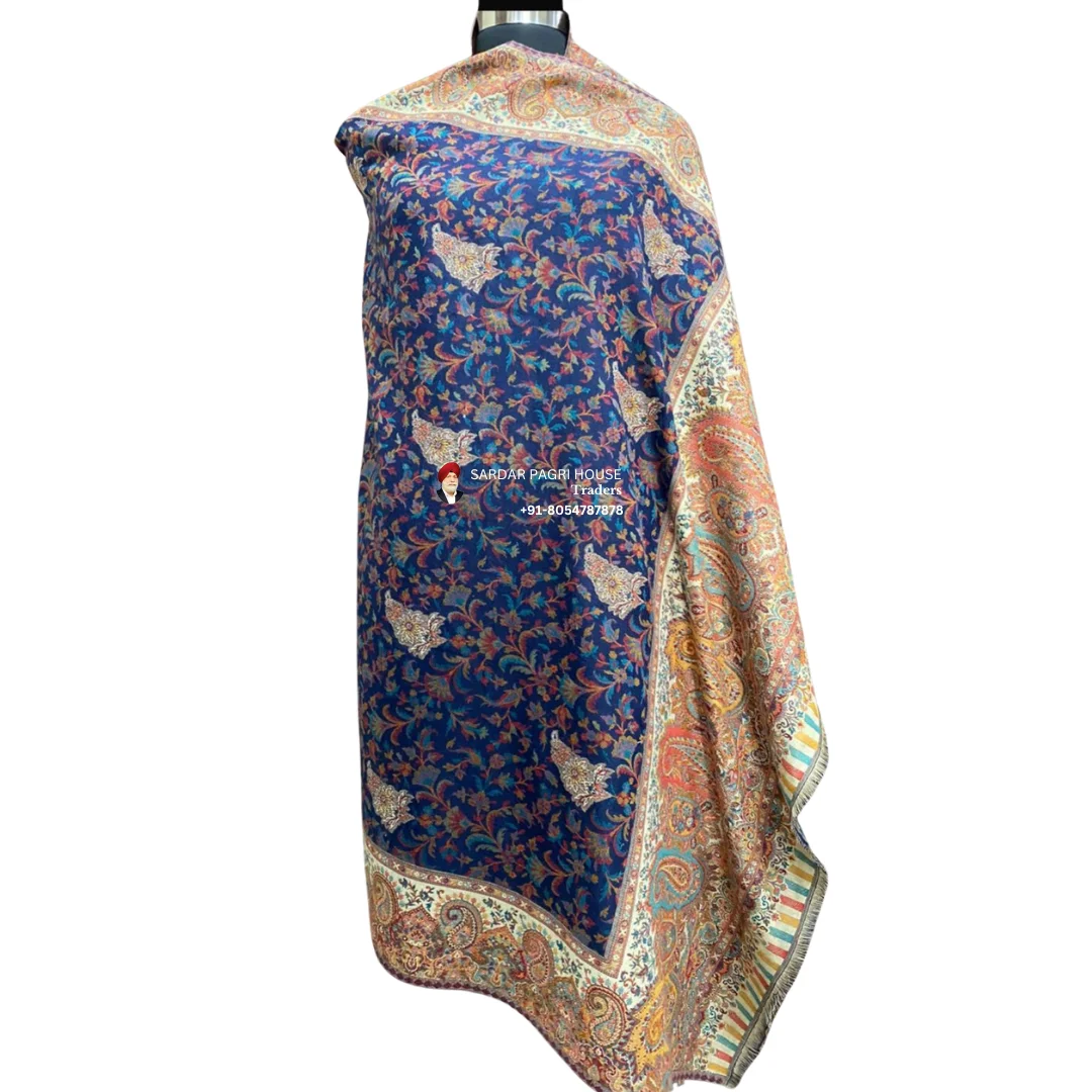 Blue Unisex Pashmina Double Beam Kani Shawl