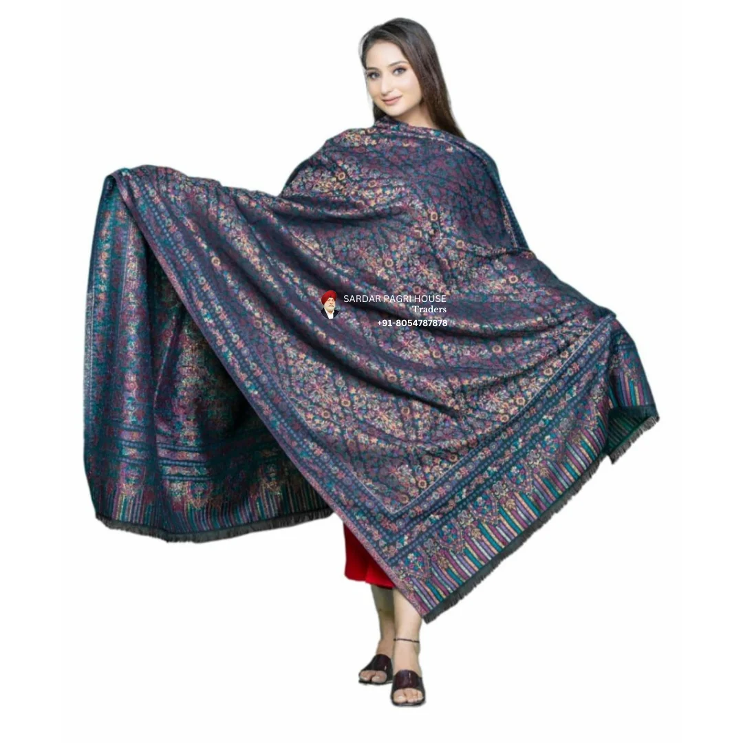 Blue Unisex Pashmina Wool Kani Shawls with Zari Work