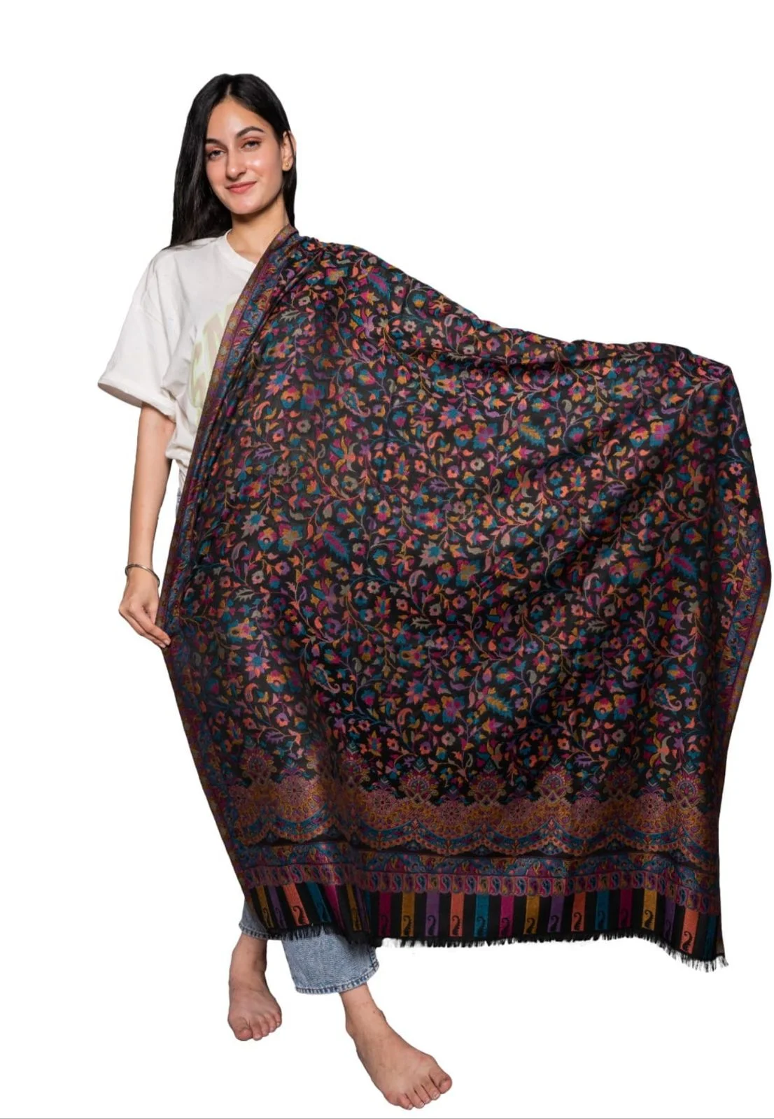 Charcoal Wool Pashmina Shawl with Single Kani Work for Men & Women