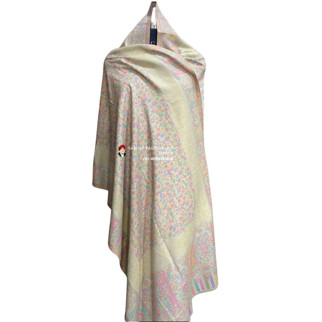 Cream Unisex Antique Modal Seven Shuttle Kani Shawl with Sari Thread Work