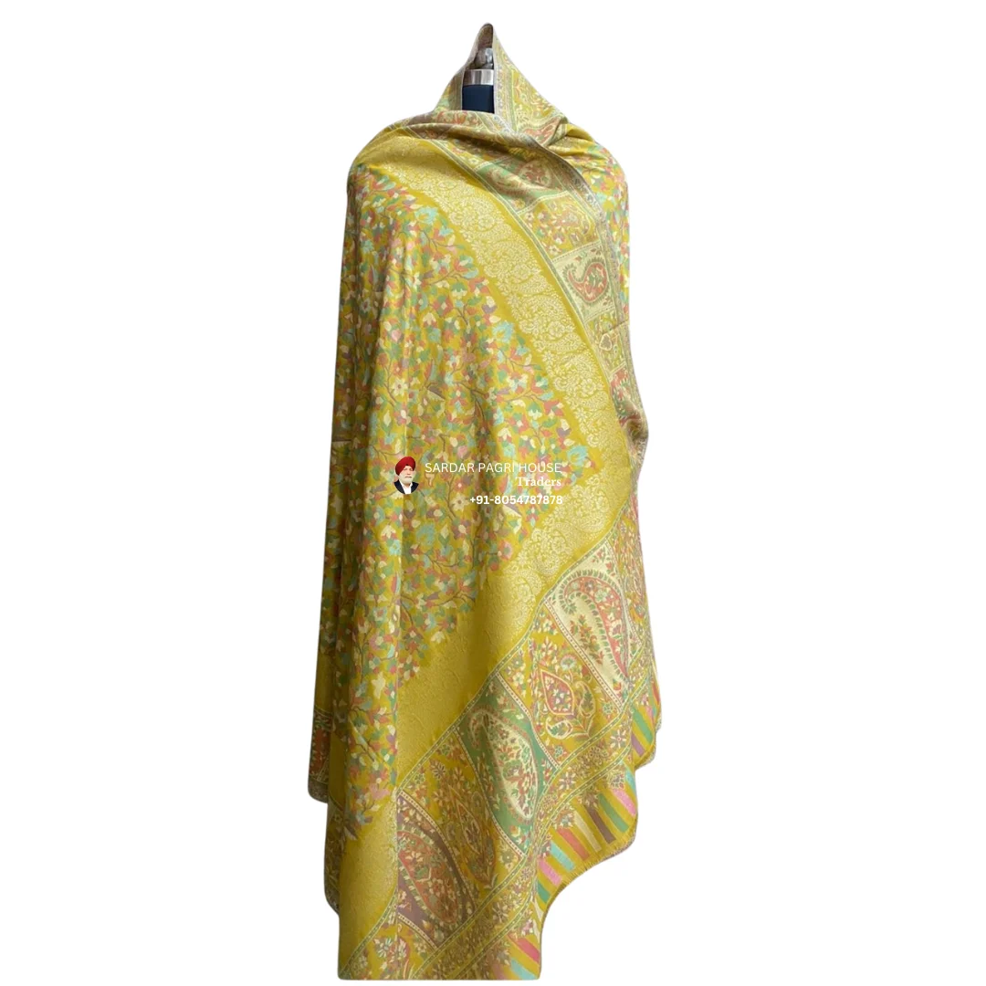 Green Unisex Antique Modal Seven Shuttle Kani Shawl with Sari Thread Work
