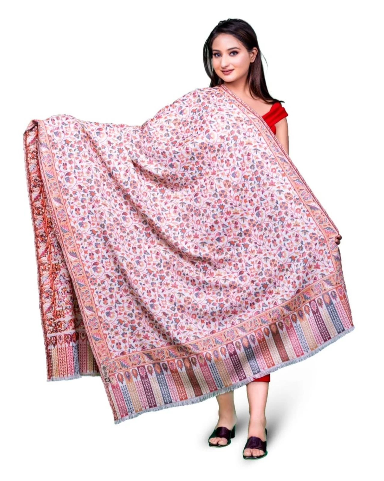 Light Pink Wool Pashmina Shawl with Single Kani Work for Men & Women