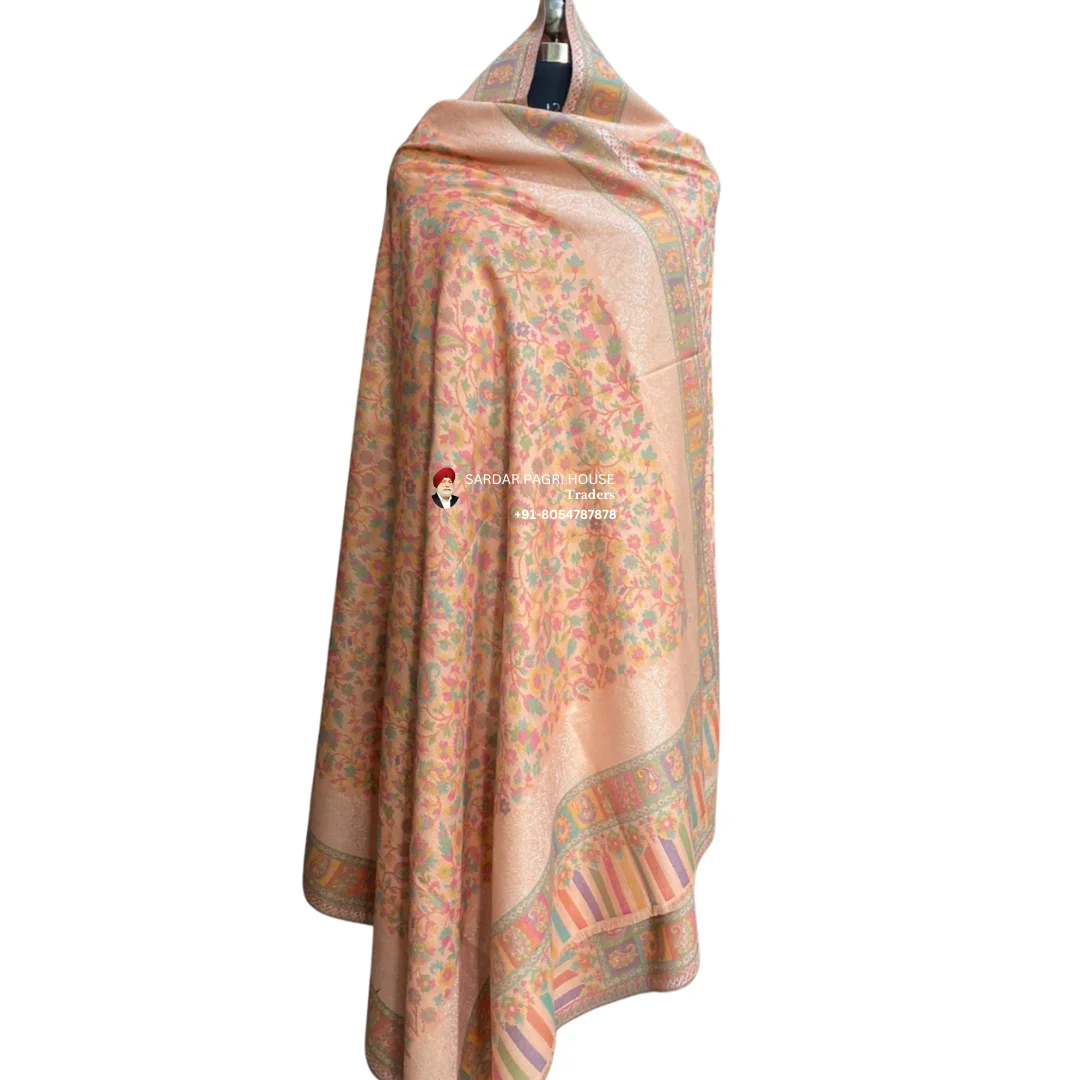 Peach Unisex Antique Modal Seven Shuttle Kani Shawl with Sari Thread Work