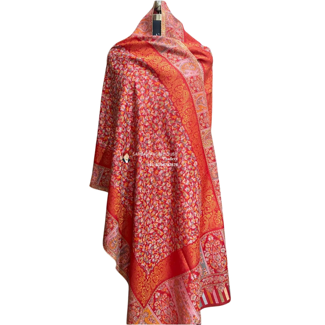 Red Unisex Antique Modal Seven Shuttle Kani Shawl with Sari Thread Work