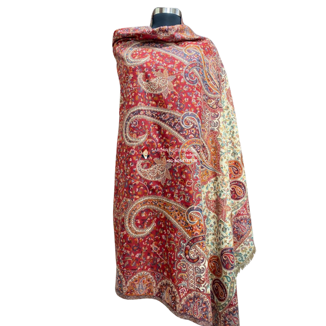 Red & White Unisex Pashmina Double Beam Kani Shawl