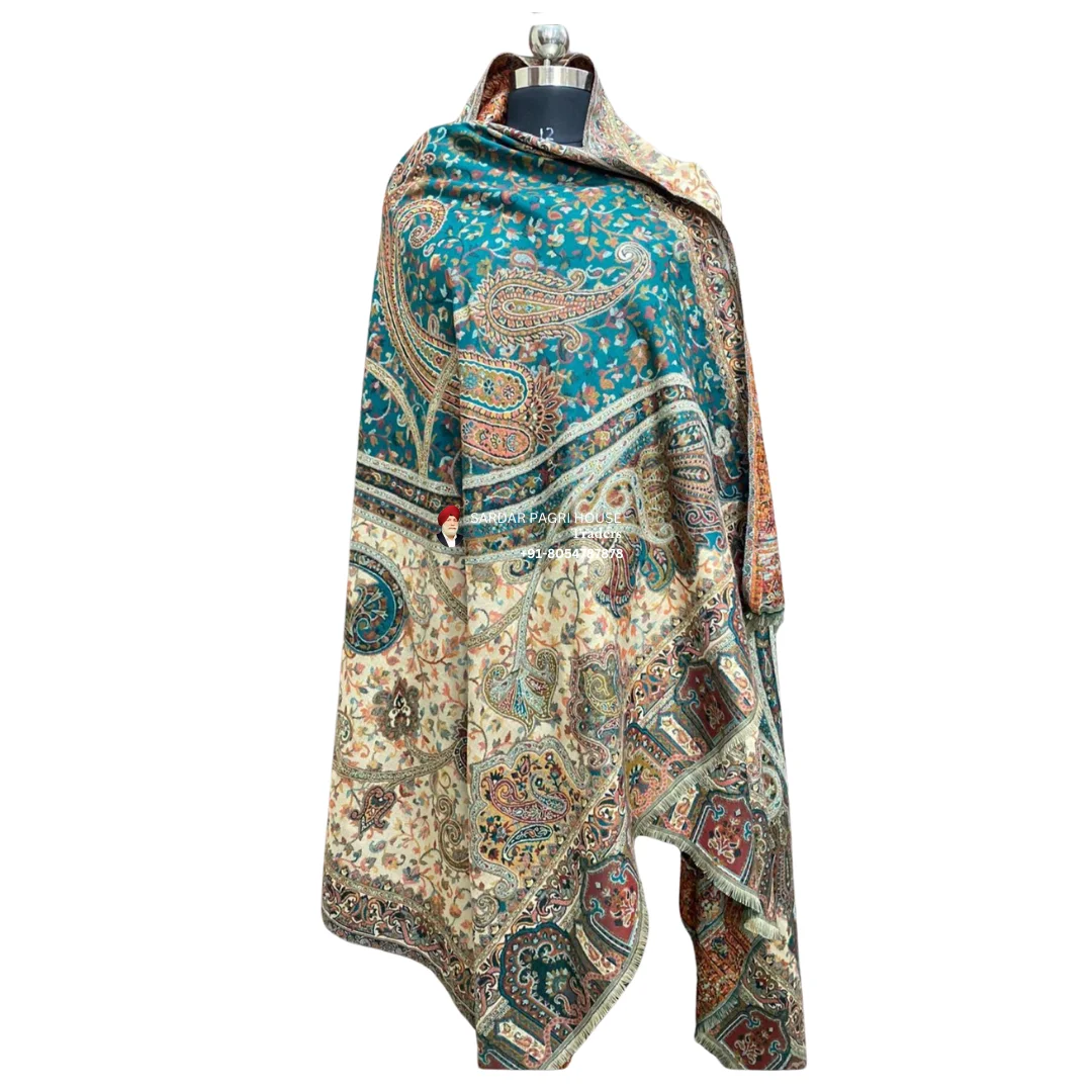 Teal Blue & White Unisex Pashmina Double Beam Kani Shawl