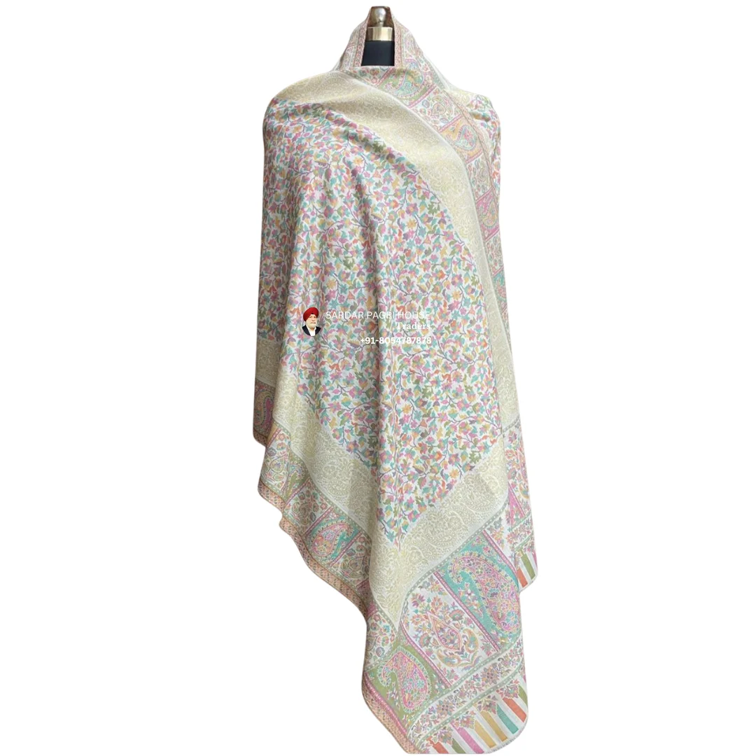 White Unisex Antique Modal Seven Shuttle Kani Shawl with Sari Thread Work