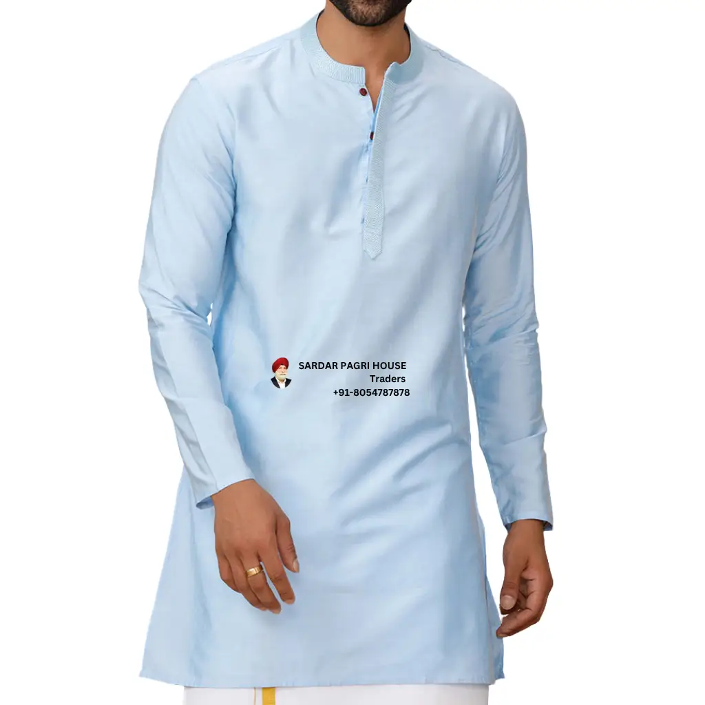 Blue Medium Length Cotton Kurta For Men