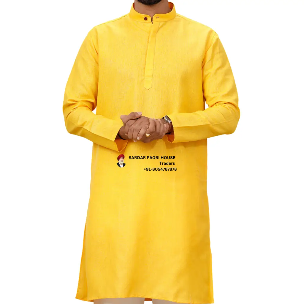 Bright Yellow Full Length Cotton Kurta For Men
