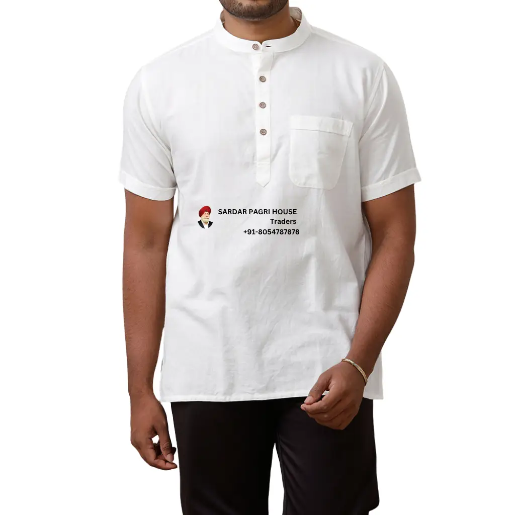 Ceramic White Half-Sleeve Plain Short Length Cotton Kurta With Pocket