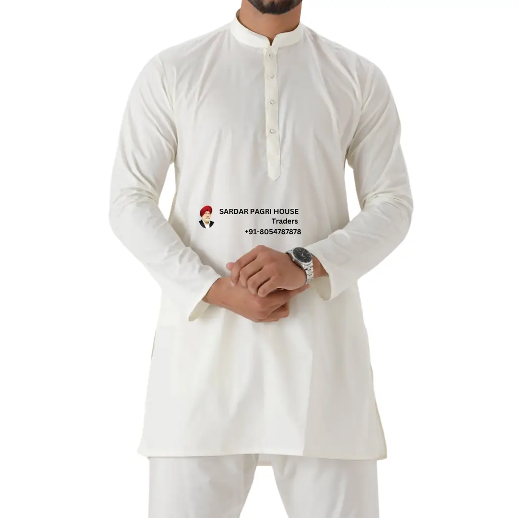 Cream Medium Length Cotton Kurta For Men