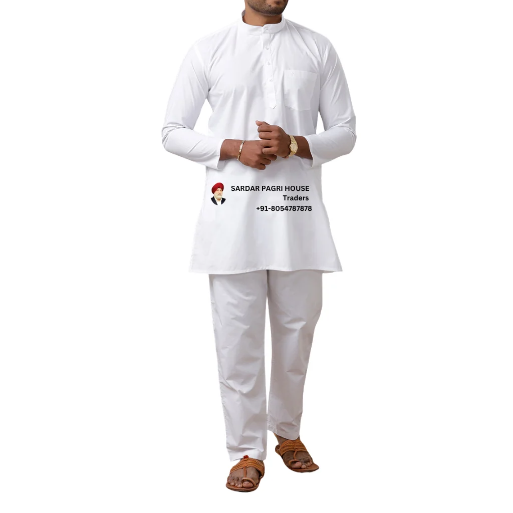 Medium Length White Kurta Pajama With Ban Collar