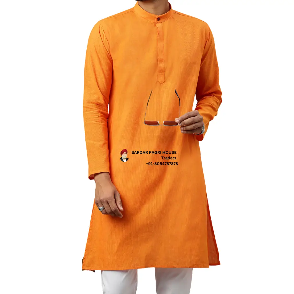 Orange Full Length Cotton Kurta For Men