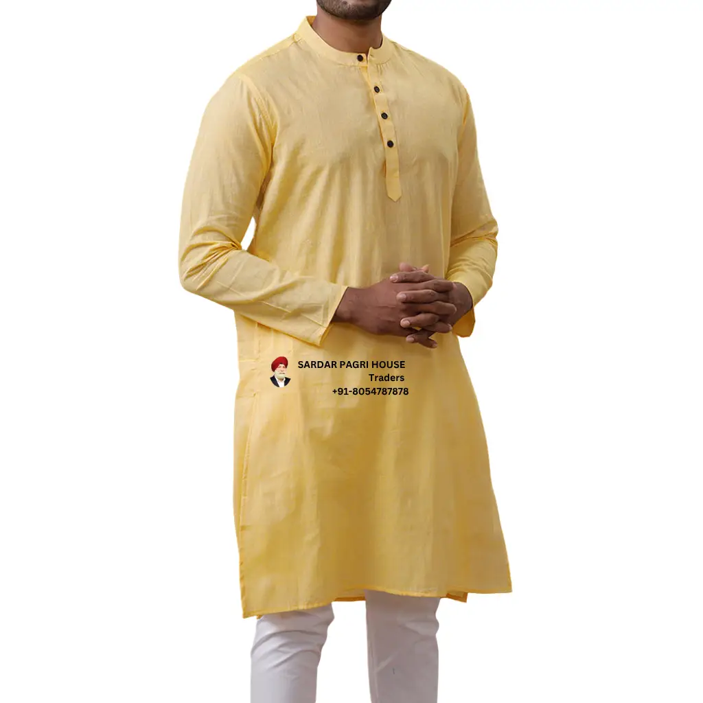 Pale Yellow Full Length Cotton Kurta For Men