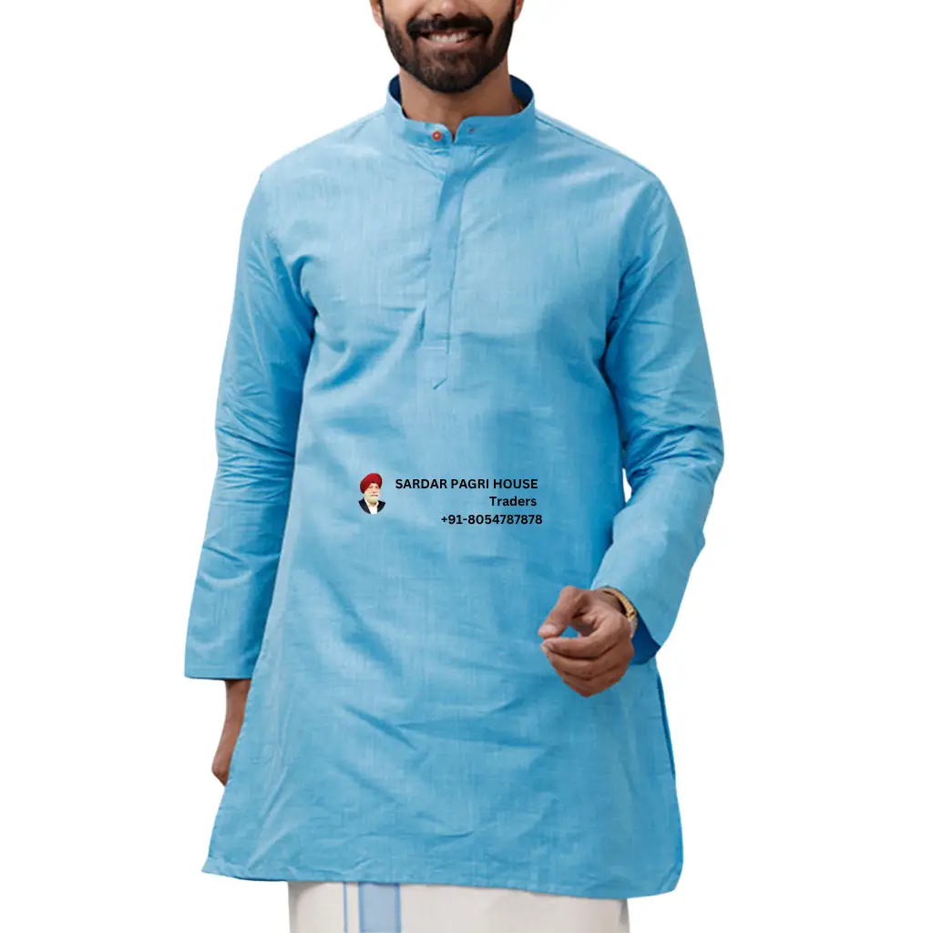 Powder Blue Medium Length Cotton Kurta For Men