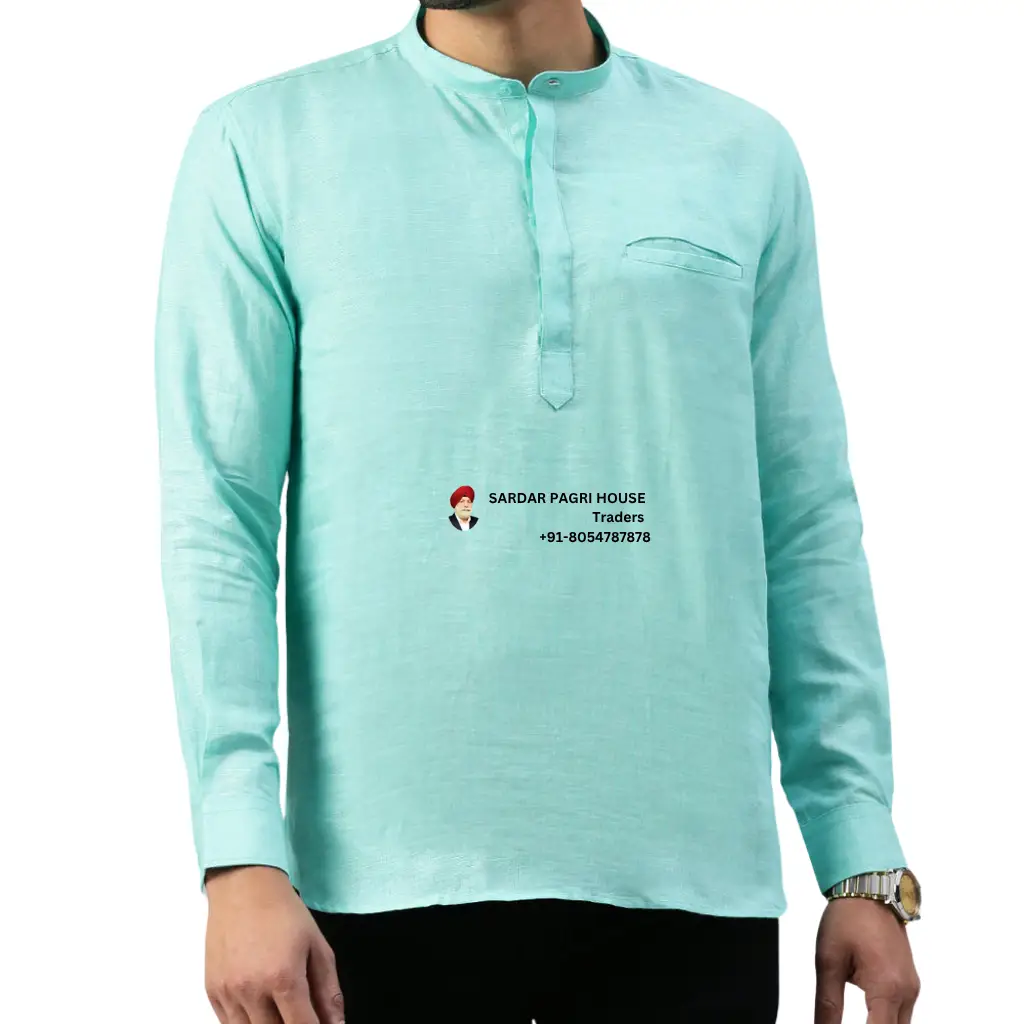 Sky Blue Short Length Linen Kurta For Men