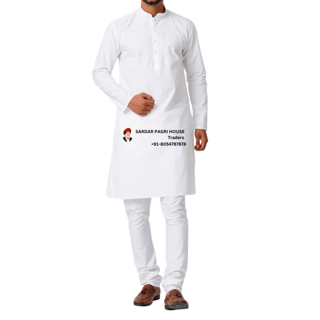White Cotton Kurta Pajama With Ban Collar