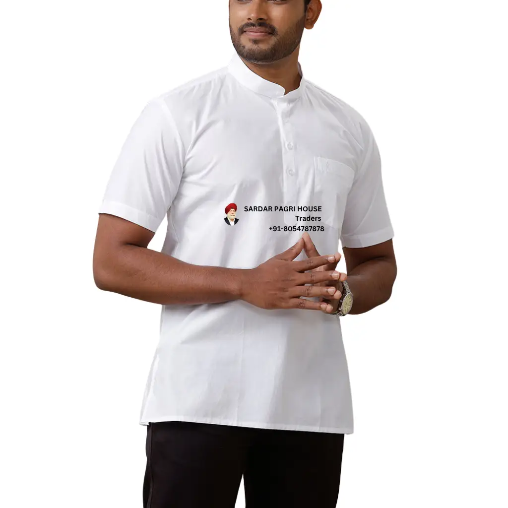 White Half-Sleeve Plain Short Length Cotton Kurta With Pocket