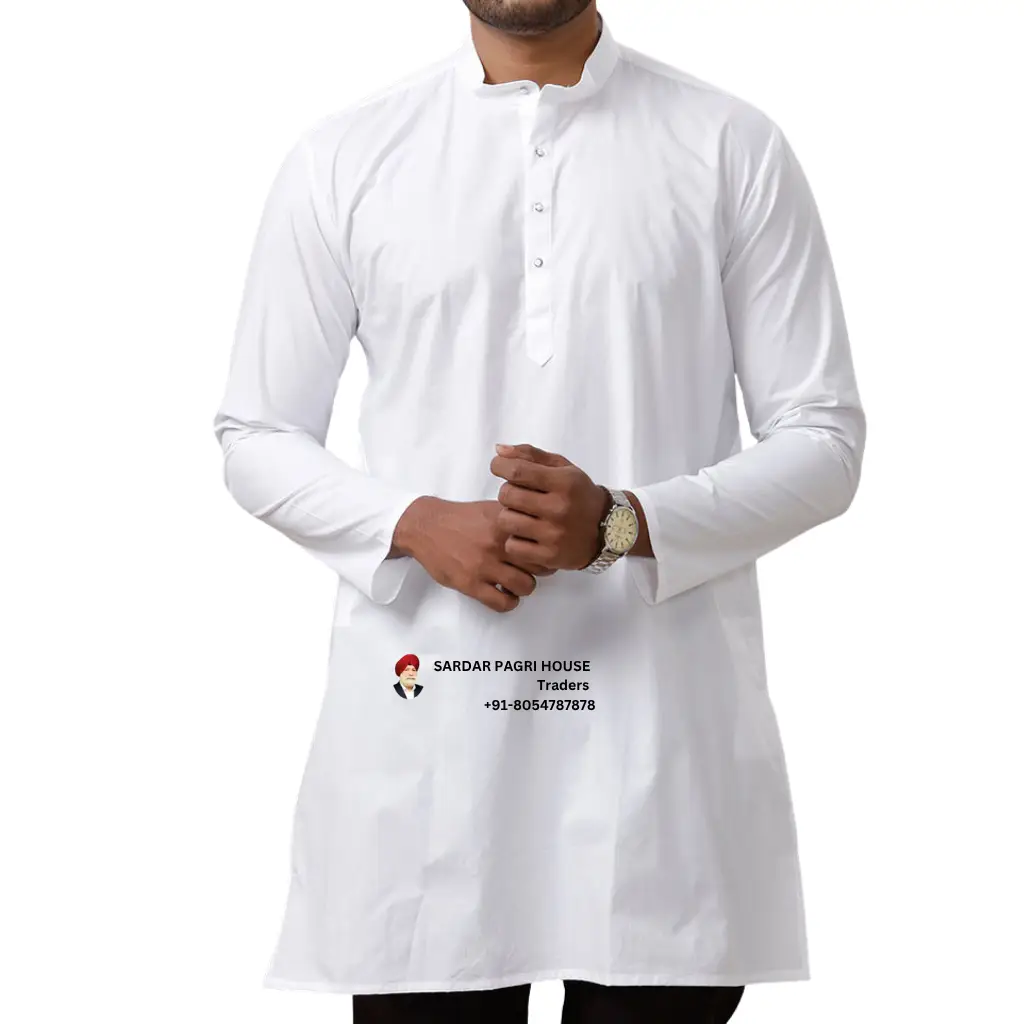 White Plain Medium Length Cotton Kurta For Men