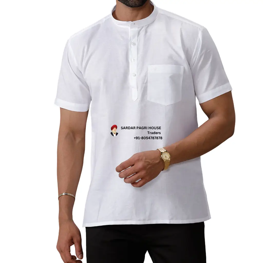 White Short Length Linen Kurta For Men