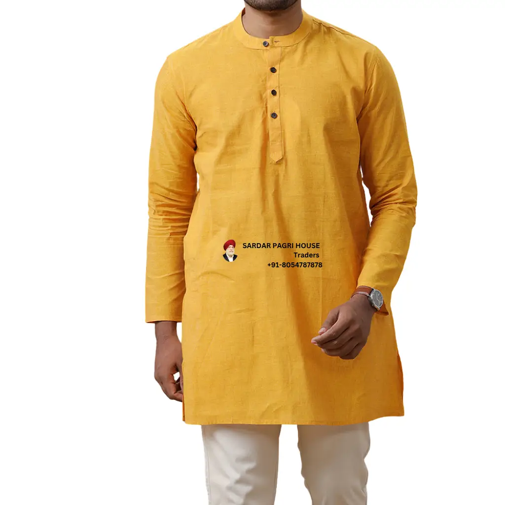 Yellow Medium Length Cotton Kurta For Men