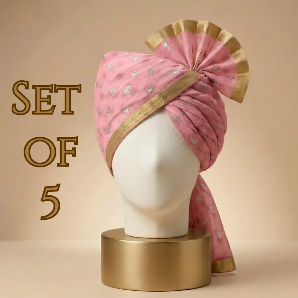 5 Meter Baby Pink Printed Tissue Hindu Wedding Turban - Set of 5