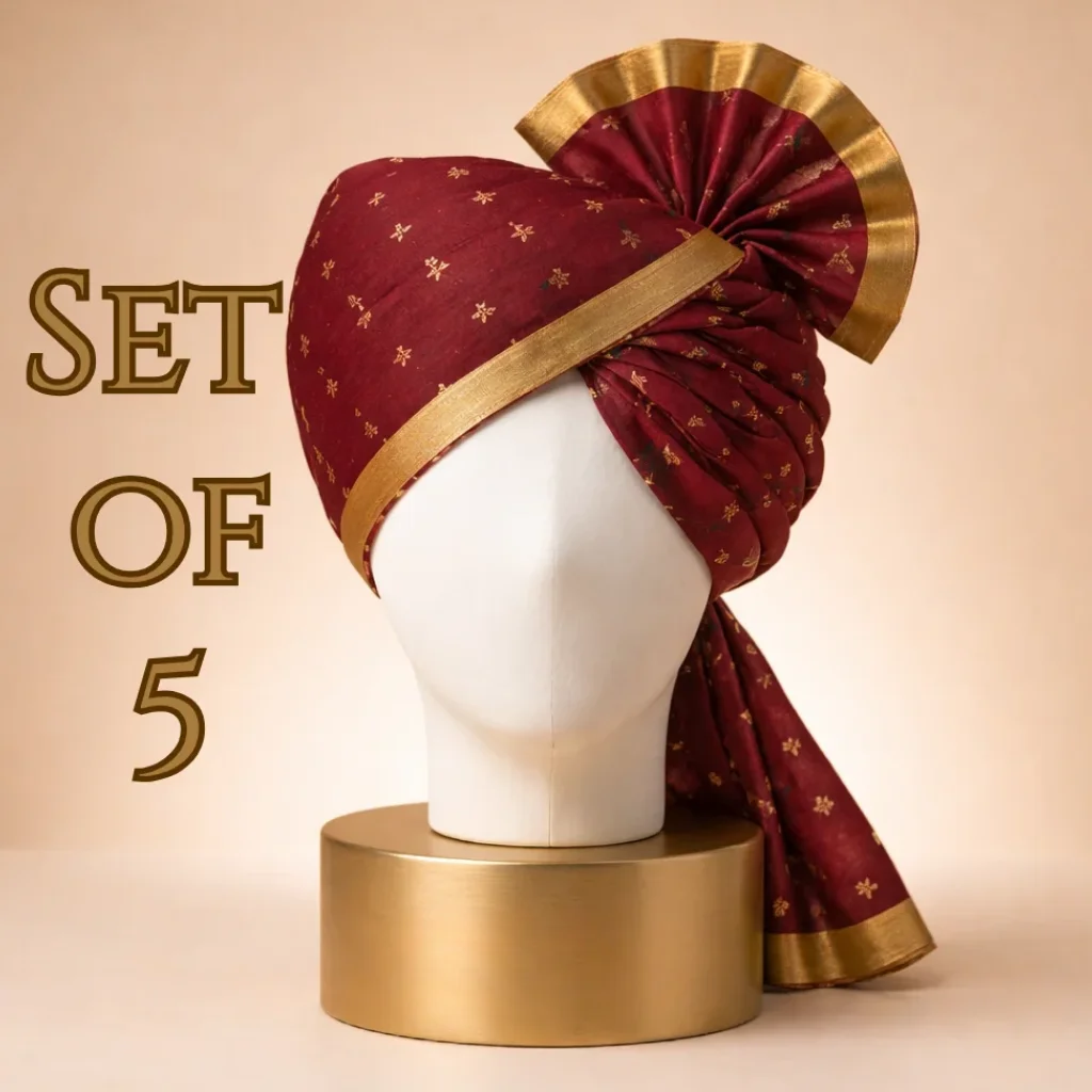 5 Meter Crimson Maroon Printed Tissue Hindu Wedding Turban - Set of 5