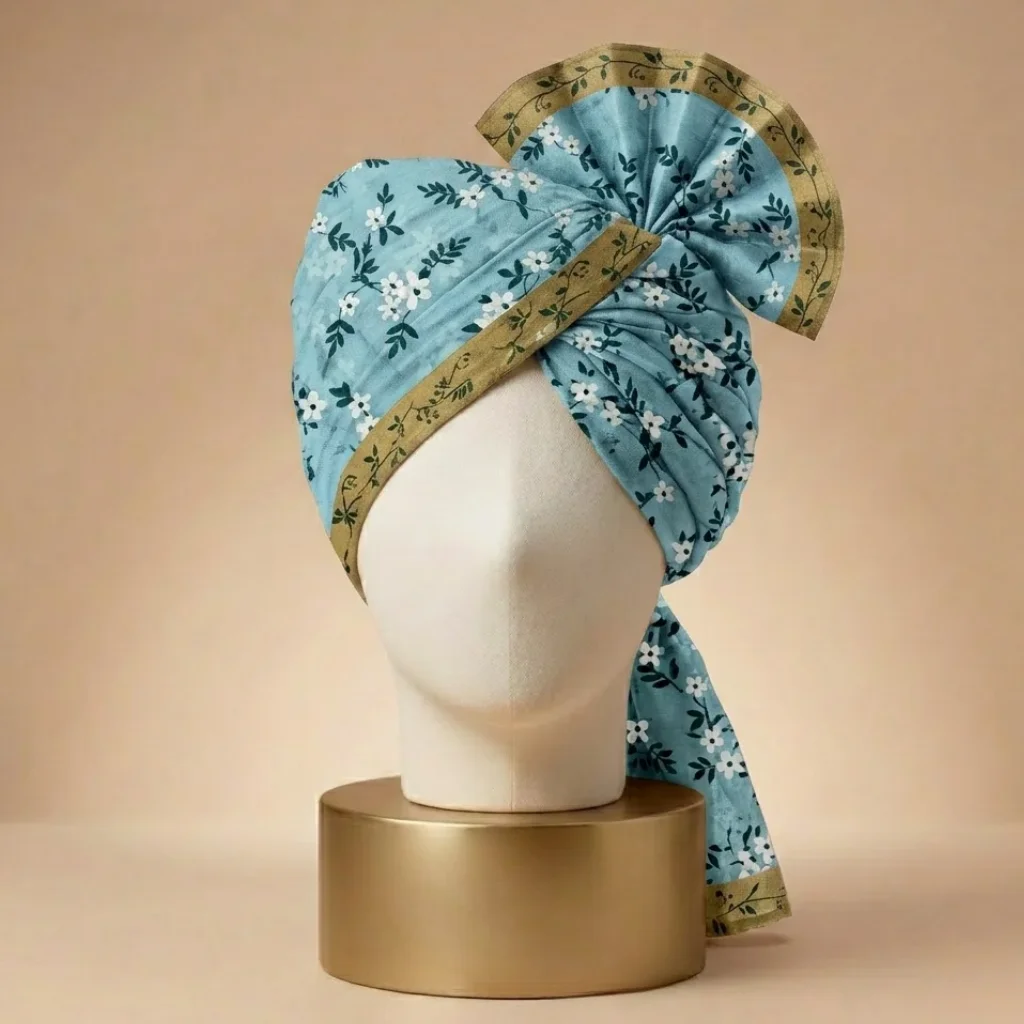 5 Meter Floral Blue Printed Tissue Hindu Wedding Turban
