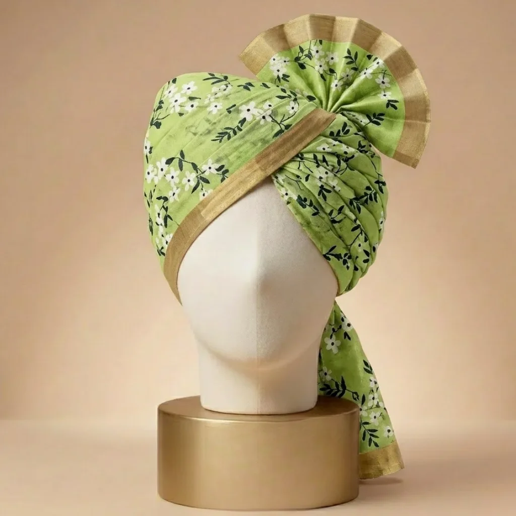 5 Meter Floral Green Printed Tissue Hindu Wedding Turban