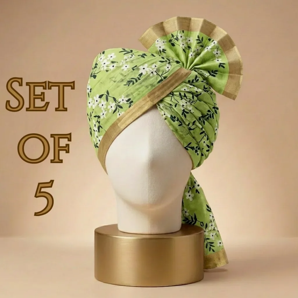 5 Meter Floral Green Printed Tissue Hindu Wedding Turban - Set of 5