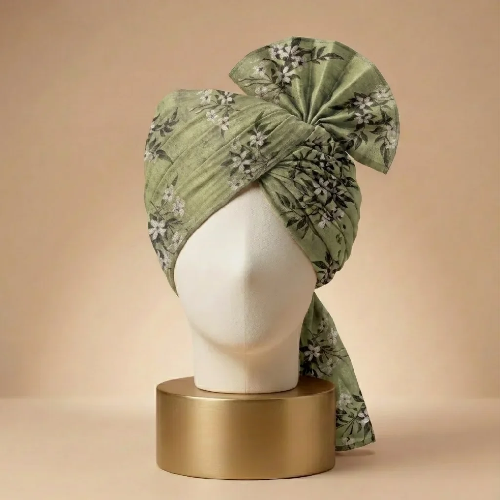 5 Meter Floral Sage Green Printed Tissue Hindu Wedding Turban