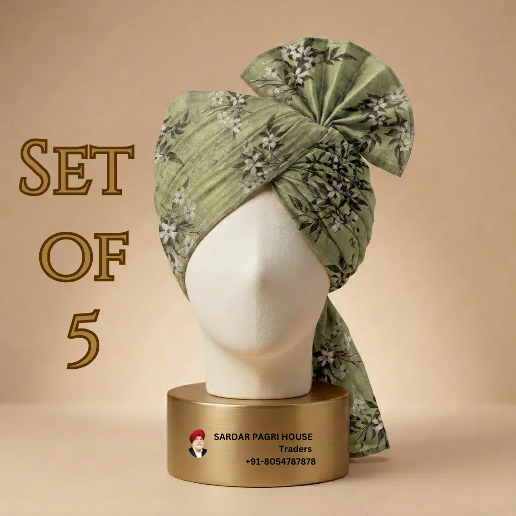 5 Meter Floral Sage Green Printed Tissue Hindu Wedding Turban - Set of 5
