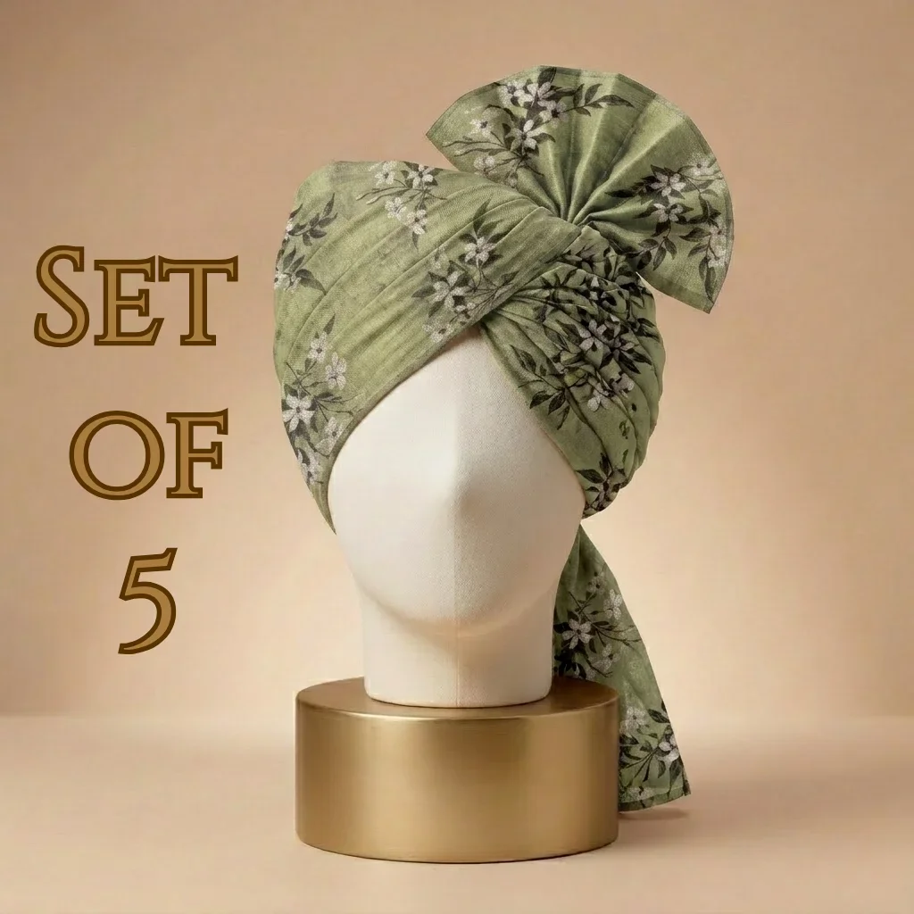 5 Meter Floral Sage Green Printed Tissue Hindu Wedding Turban - Set of 5