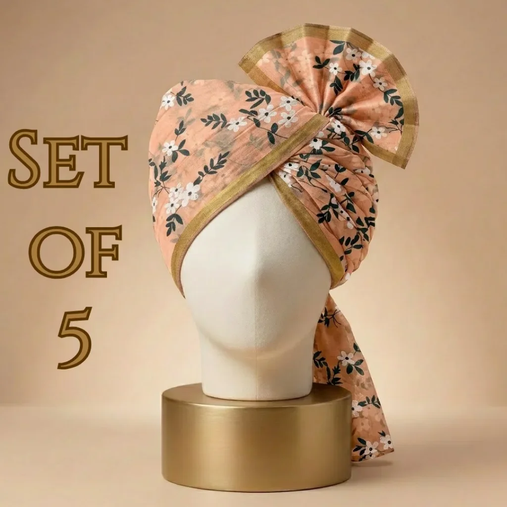 5 Meter Melon Pink Printed Tissue Hindu Wedding Turban - Set of 5